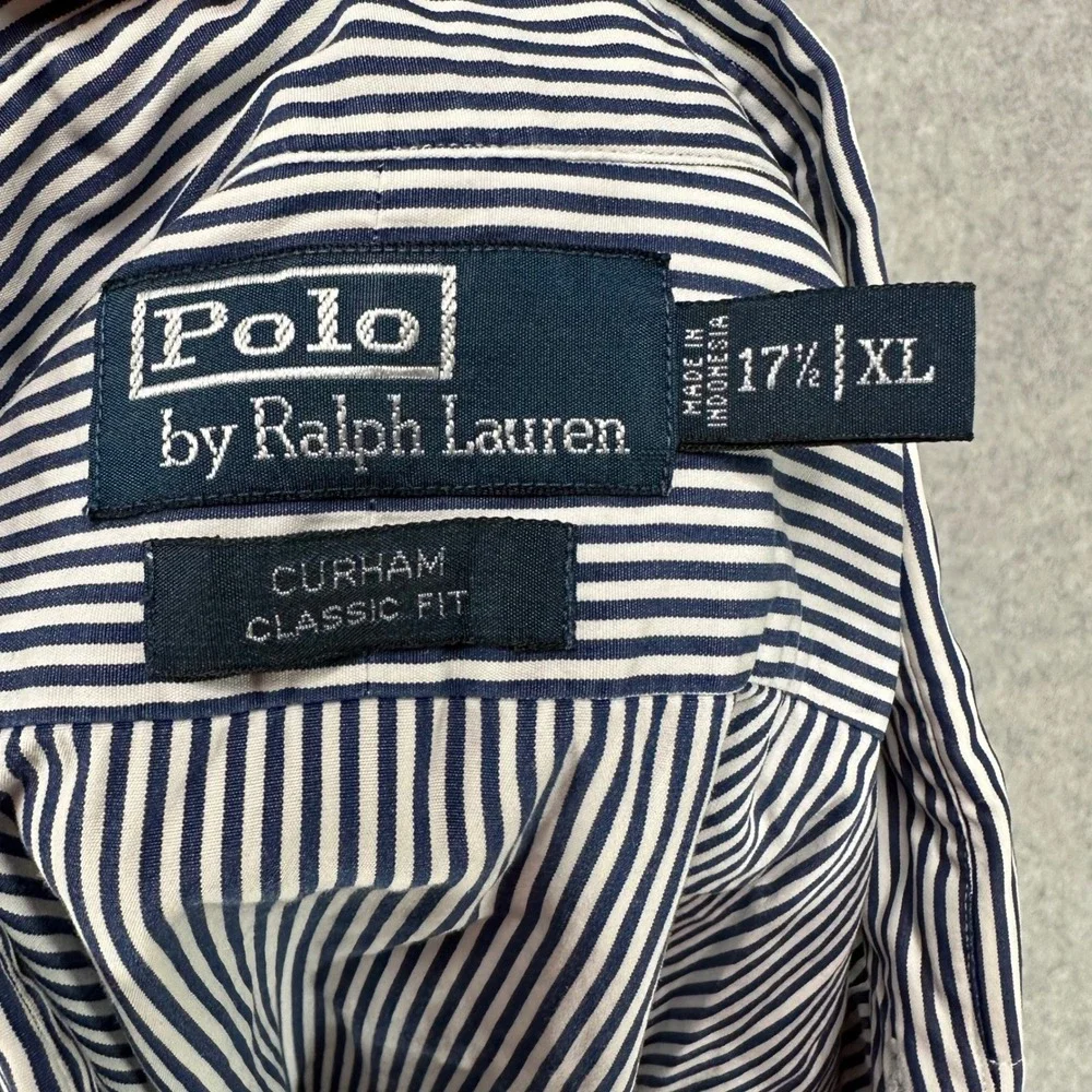 Polo Ralph Lauren Men XL Curham Classic Fit Navy Blue White Striped Shirt Cotton